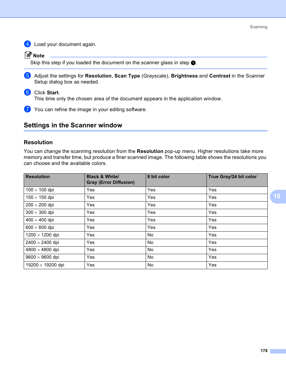 Settings in the scanner window, Resolution | Brother DCP-385C User Manual | Page 186 / 256