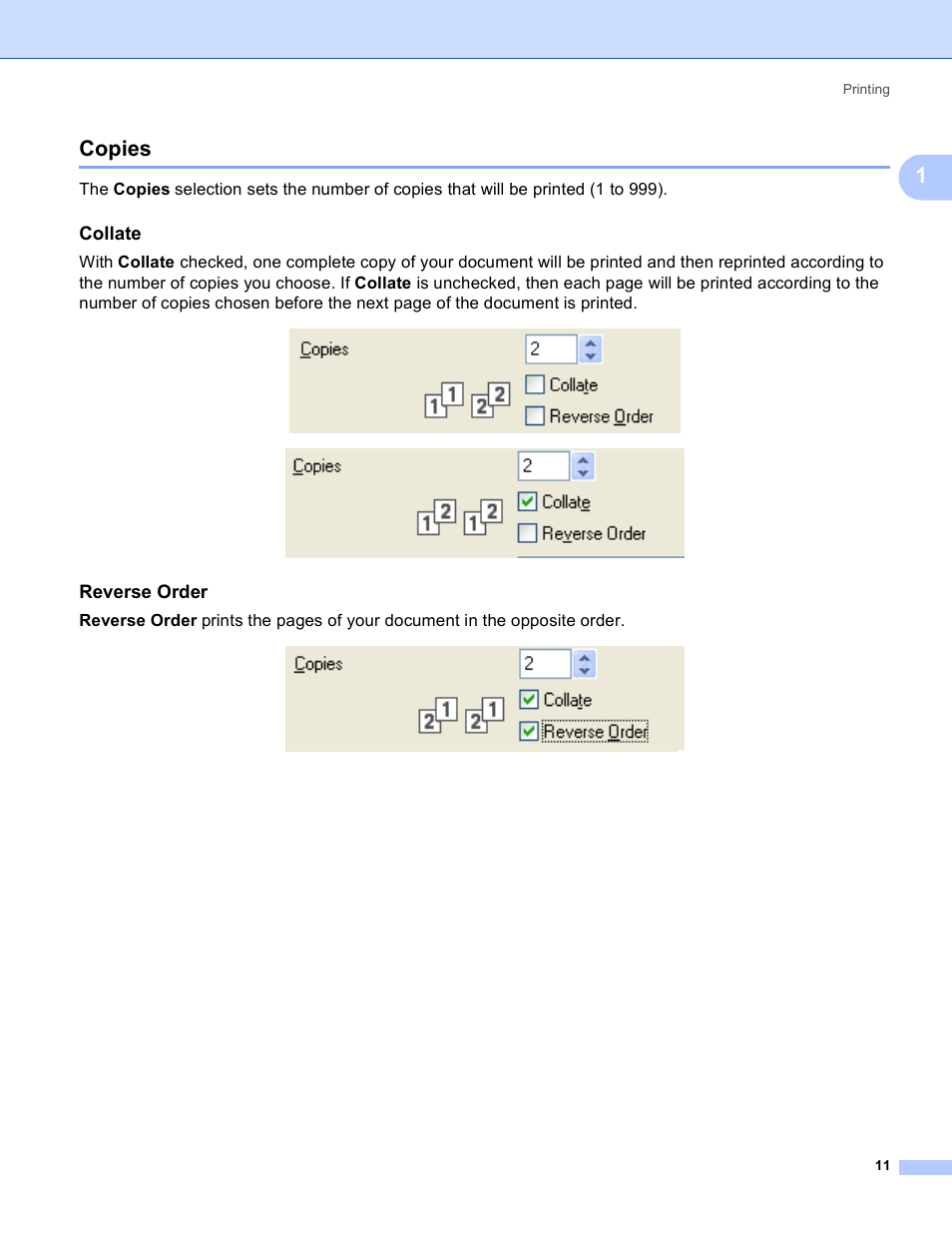 Copies, Collate, Reverse order | 1copies | Brother DCP-385C User Manual | Page 19 / 256