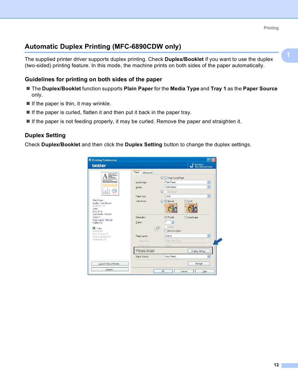 Automatic duplex printing (mfc-6890cdw only), Guidelines for printing on both sides of the paper, Duplex setting | Brother DCP-385C User Manual | Page 20 / 256