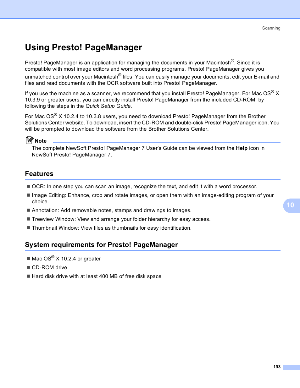 Features, Using presto! pagemanager, System requirements for presto! pagemanager | Brother DCP-385C User Manual | Page 201 / 256