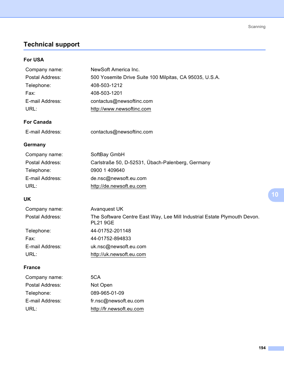 Technical support, 10 technical support | Brother DCP-385C User Manual | Page 202 / 256