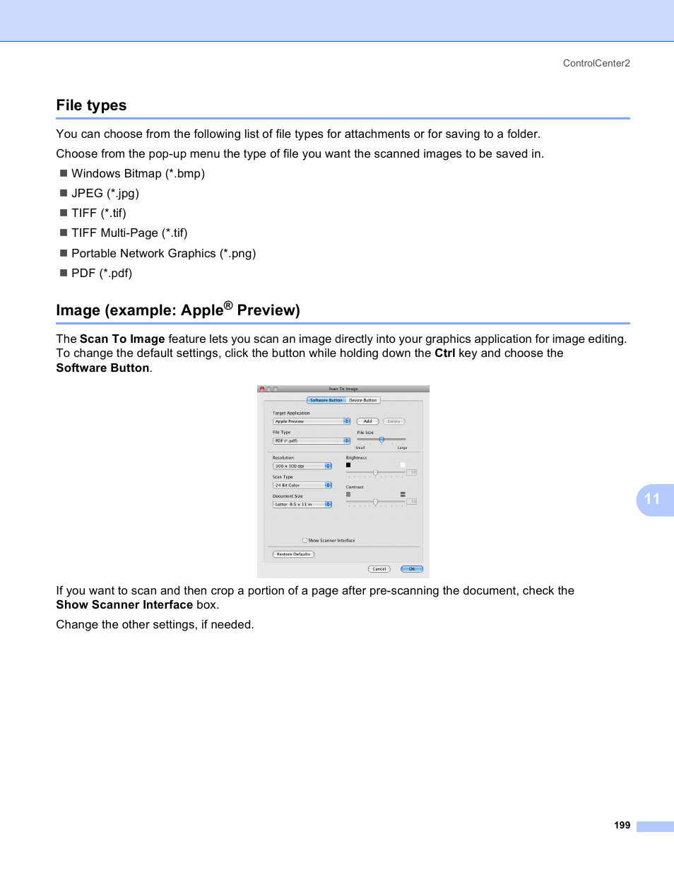 File types, Image (example: apple® preview), File types image (example: apple | Preview), 11 file types, Image (example: apple | Brother DCP-385C User Manual | Page 207 / 256