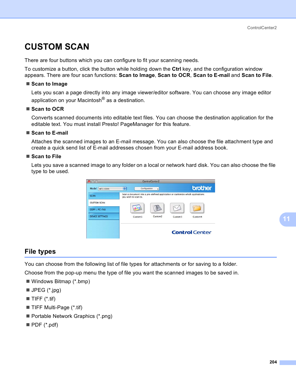 Custom scan, File types | Brother DCP-385C User Manual | Page 212 / 256