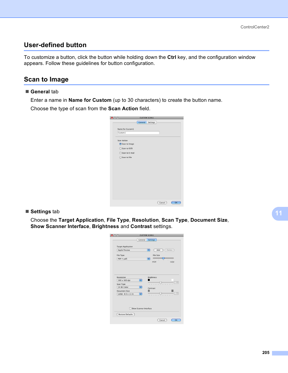 User-defined button, Scan to image, User-defined button scan to image | 11 user-defined button | Brother DCP-385C User Manual | Page 213 / 256