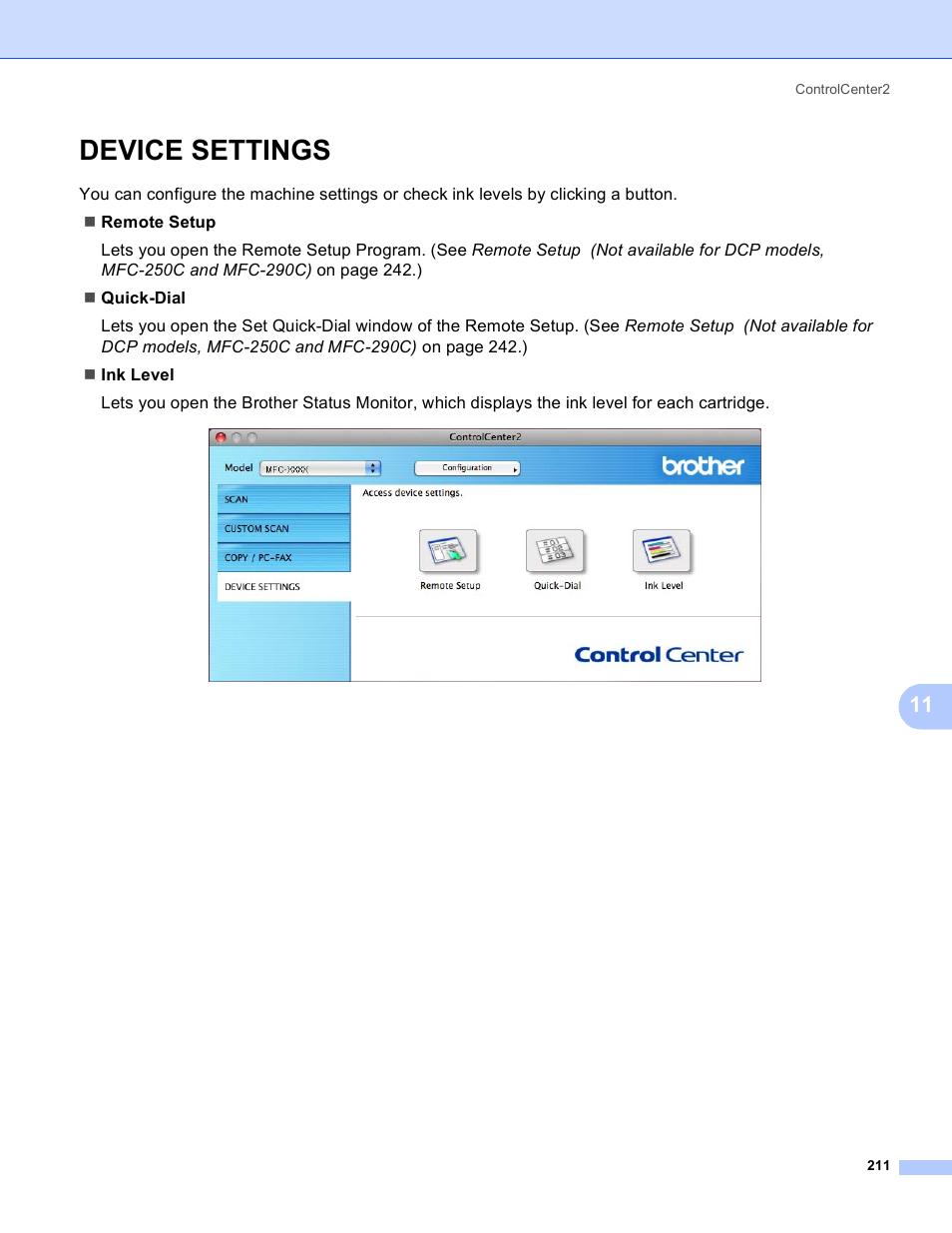 Device settings | Brother DCP-385C User Manual | Page 219 / 256