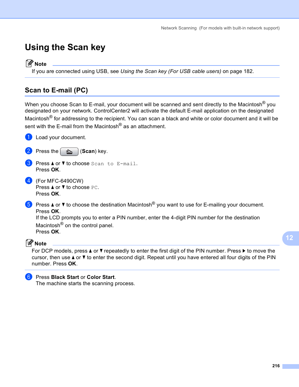 Using the scan key, Scan to e-mail (pc) | Brother DCP-385C User Manual | Page 224 / 256