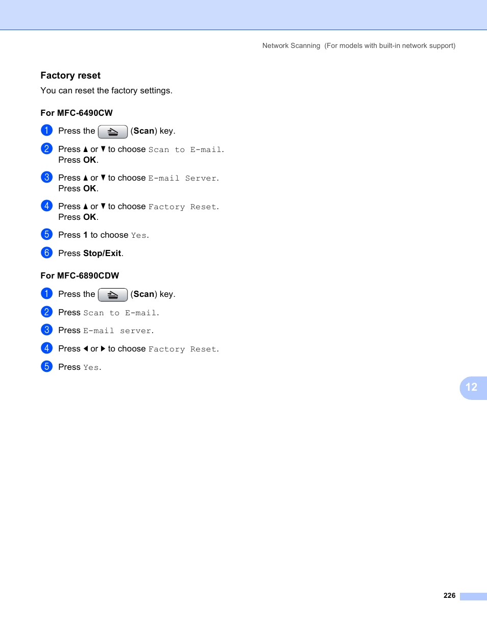 Factory reset | Brother DCP-385C User Manual | Page 234 / 256