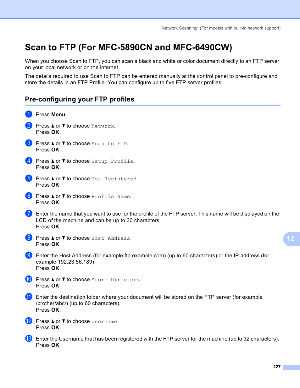 Scan to ftp (for mfc-5890cn and mfc-6490cw), Pre-configuring your ftp profiles | Brother DCP-385C User Manual | Page 235 / 256