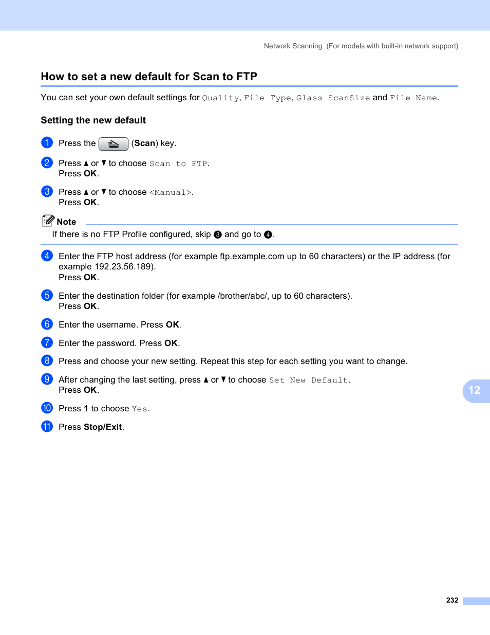 How to set a new default for scan to ftp, Setting the new default, 12 how to set a new default for scan to ftp | Brother DCP-385C User Manual | Page 240 / 256