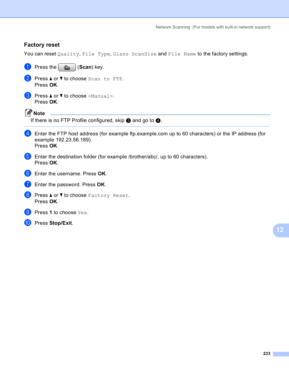 Factory reset | Brother DCP-385C User Manual | Page 241 / 256