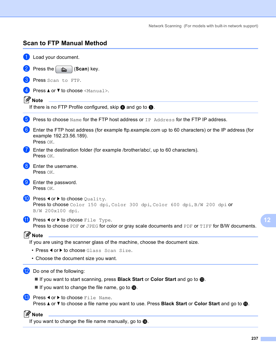 Scan to ftp manual method, 12 scan to ftp manual method | Brother DCP-385C User Manual | Page 245 / 256
