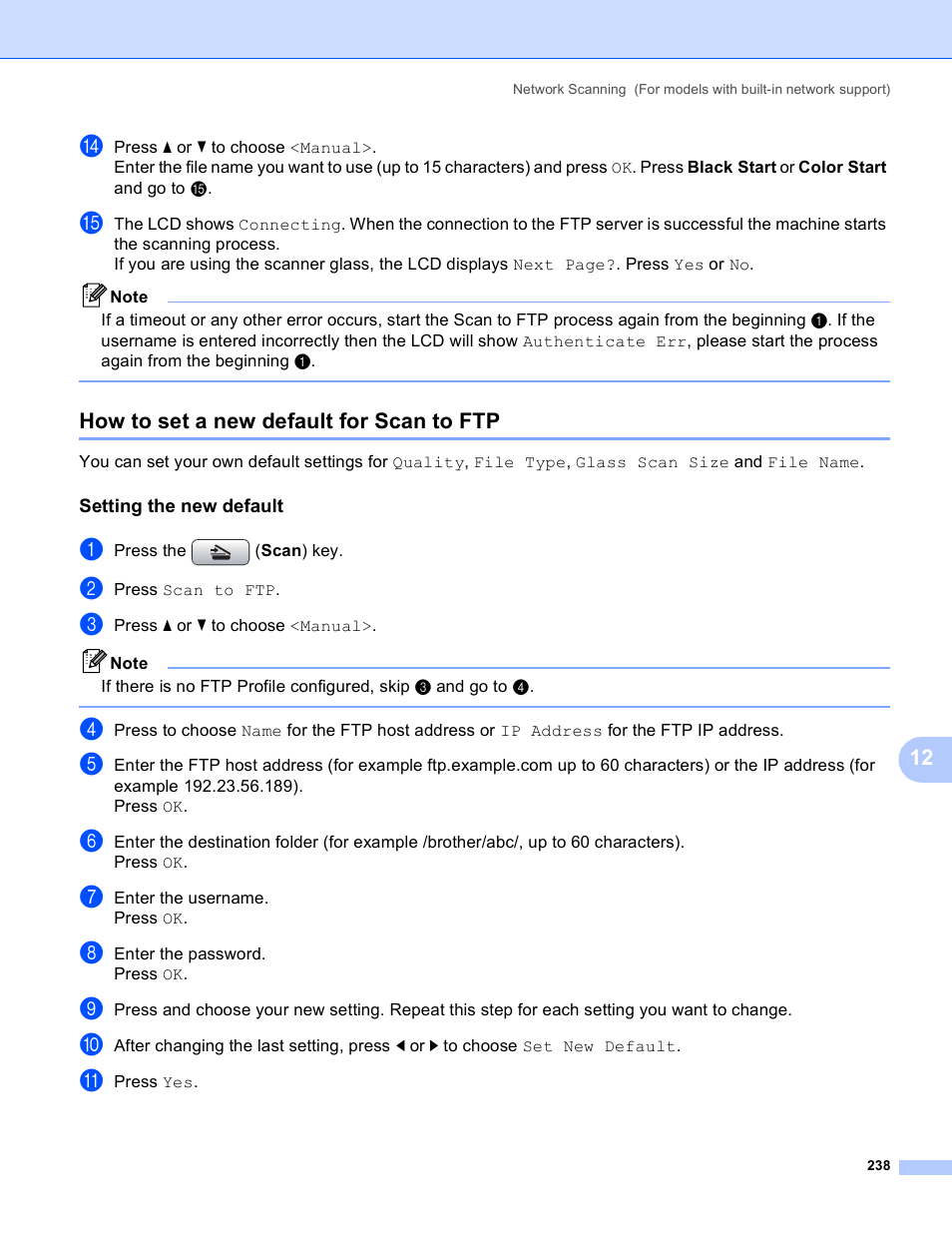 How to set a new default for scan to ftp, Setting the new default | Brother DCP-385C User Manual | Page 246 / 256