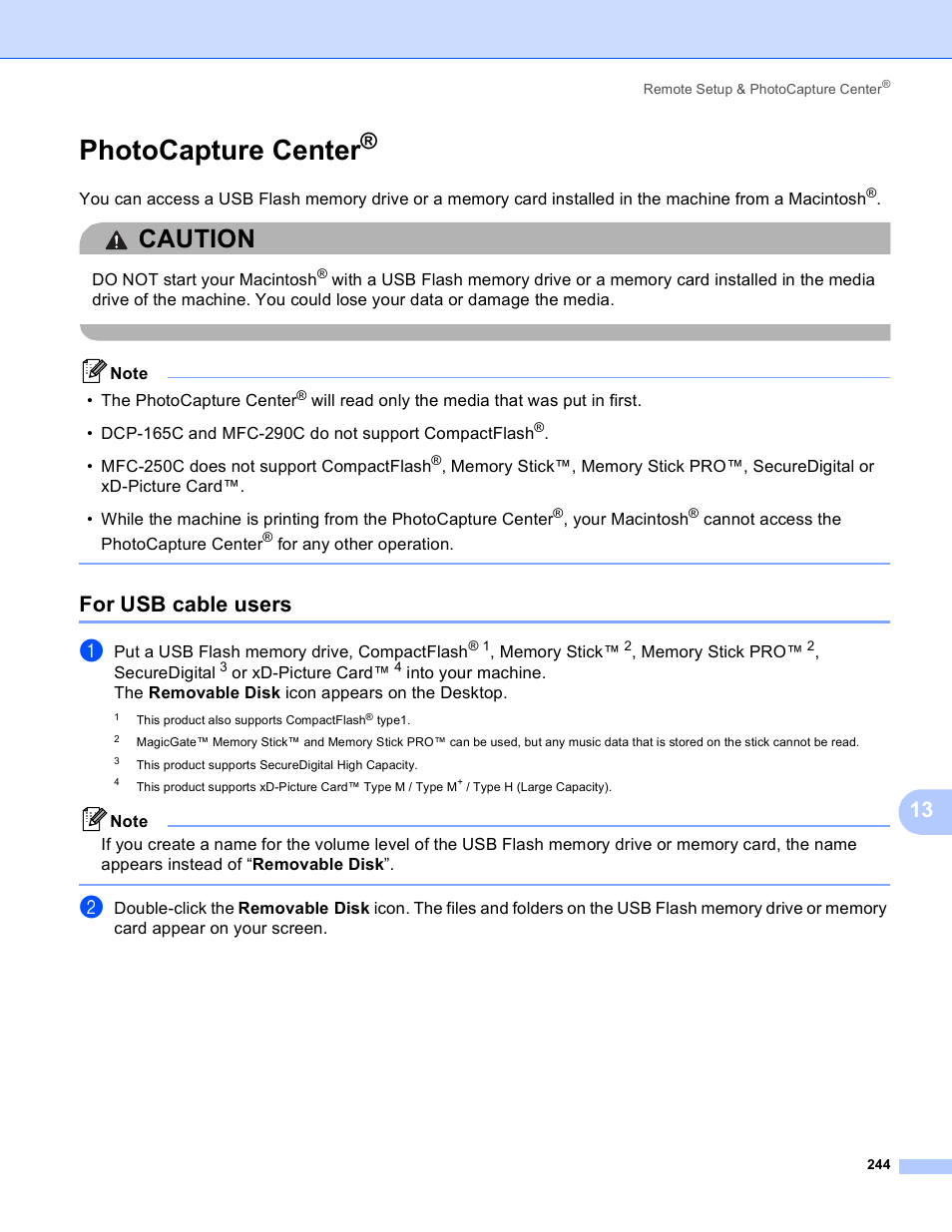 Photocapture center, For usb cable users, Caution | Brother DCP-385C User Manual | Page 252 / 256