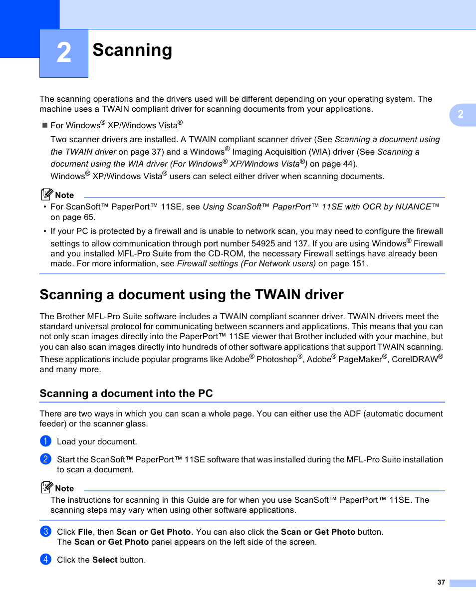 2 scanning, Scanning a document using the twain driver, Scanning a document into the pc | Scanning | Brother DCP-385C User Manual | Page 45 / 256