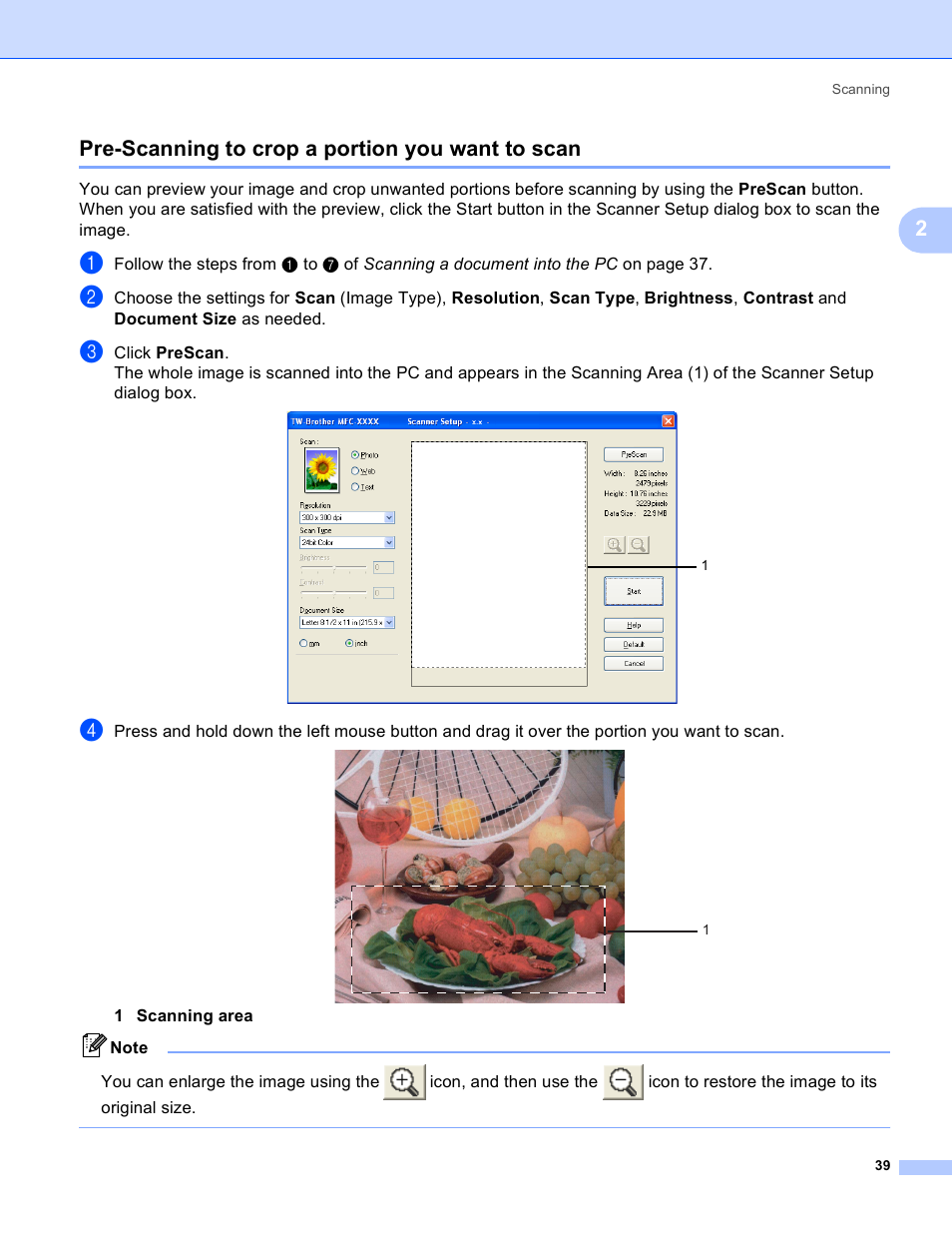 Pre-scanning to crop a portion you want to scan, 2pre-scanning to crop a portion you want to scan | Brother DCP-385C User Manual | Page 47 / 256