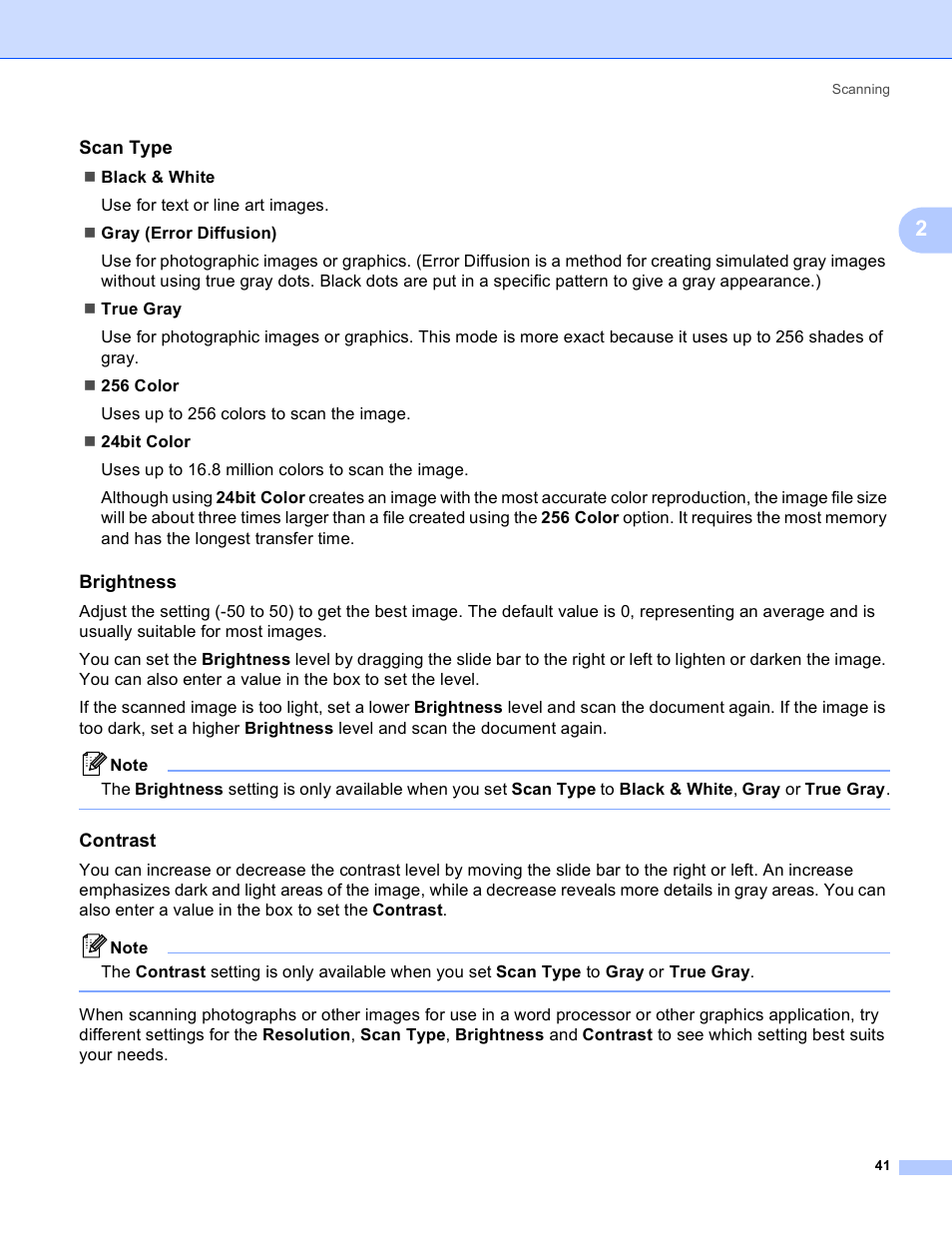 Scan type, Brightness, Contrast | Brother DCP-385C User Manual | Page 49 / 256