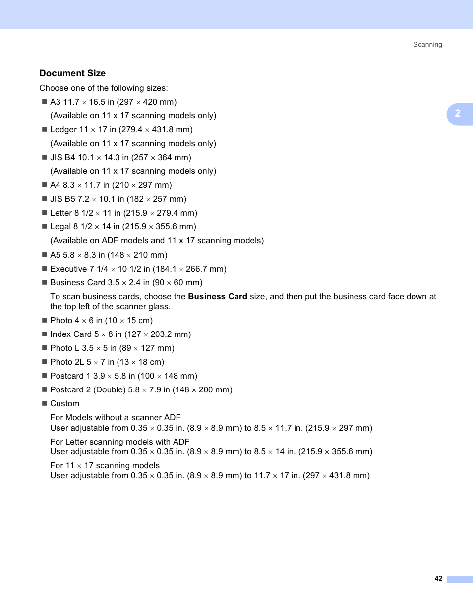 Document size | Brother DCP-385C User Manual | Page 50 / 256