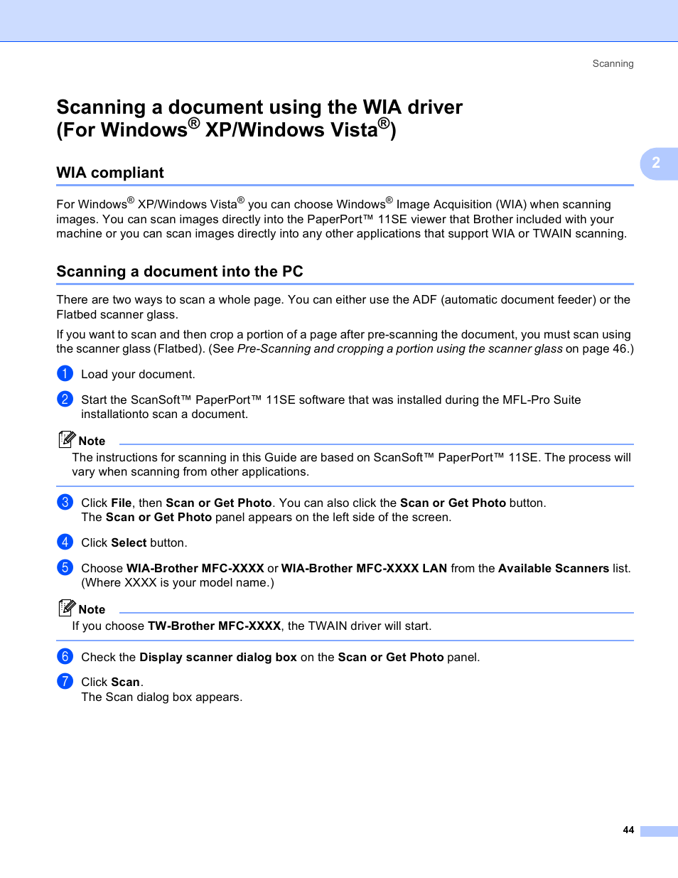 Wia compliant, Scanning a document into the pc, Xp/windows vista | Wia compliant scanning a document into the pc, See scanning a, Document using the wia driver (for windows | Brother DCP-385C User Manual | Page 52 / 256