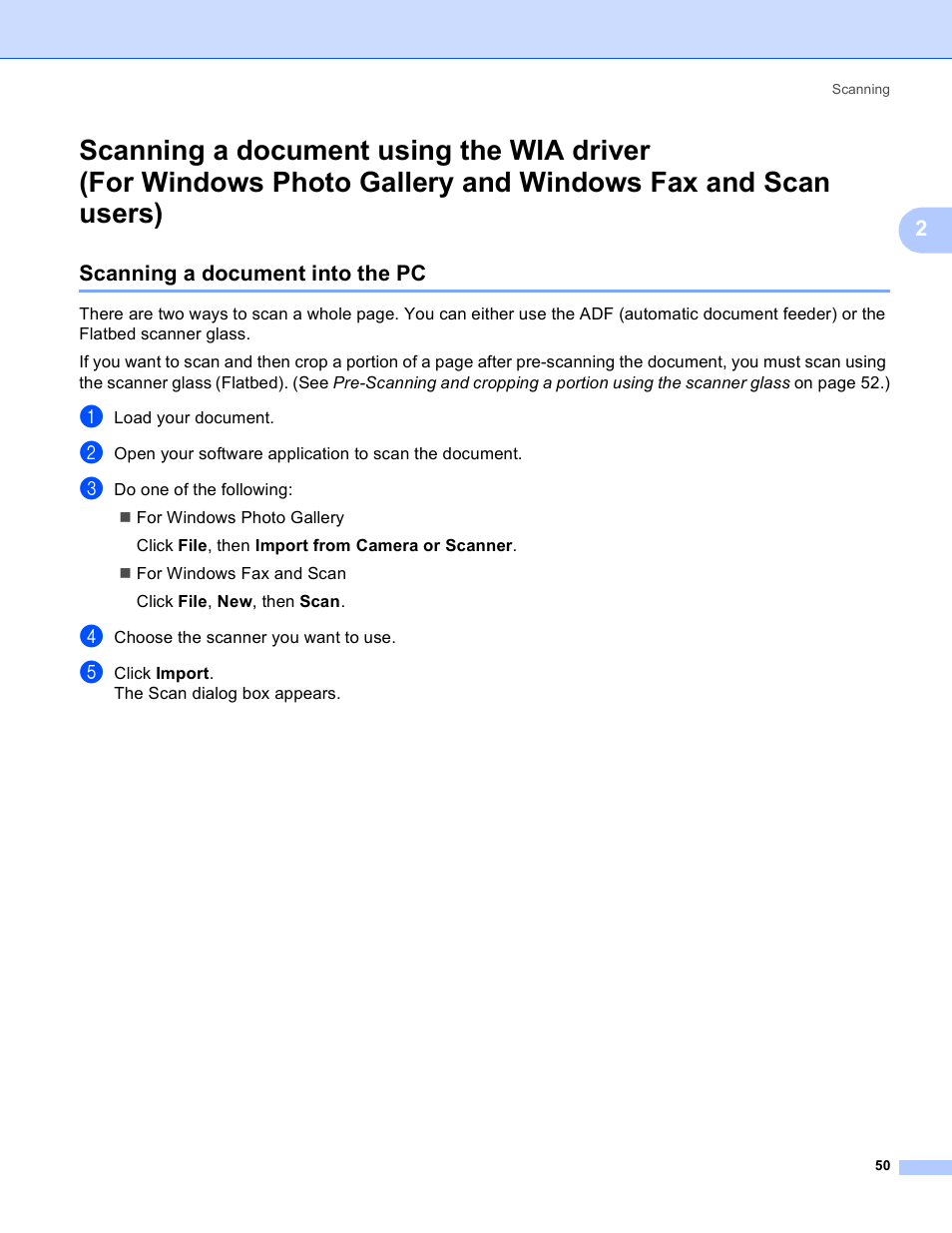 Scanning a document into the pc, Scanning a document using the wia driver | Brother DCP-385C User Manual | Page 58 / 256