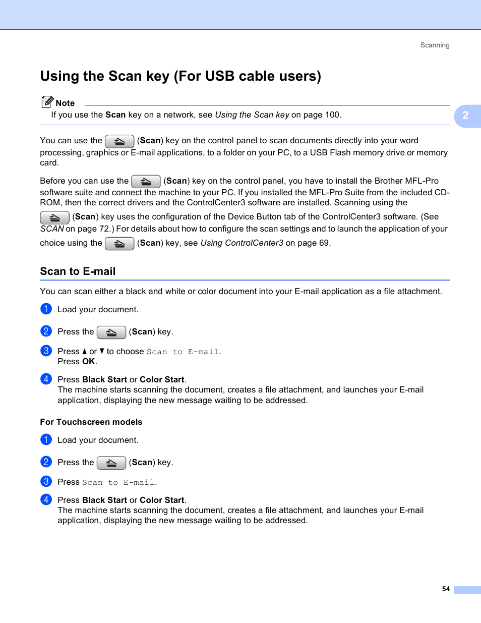 Using the scan key (for usb cable users), Scan to e-mail | Brother DCP-385C User Manual | Page 62 / 256