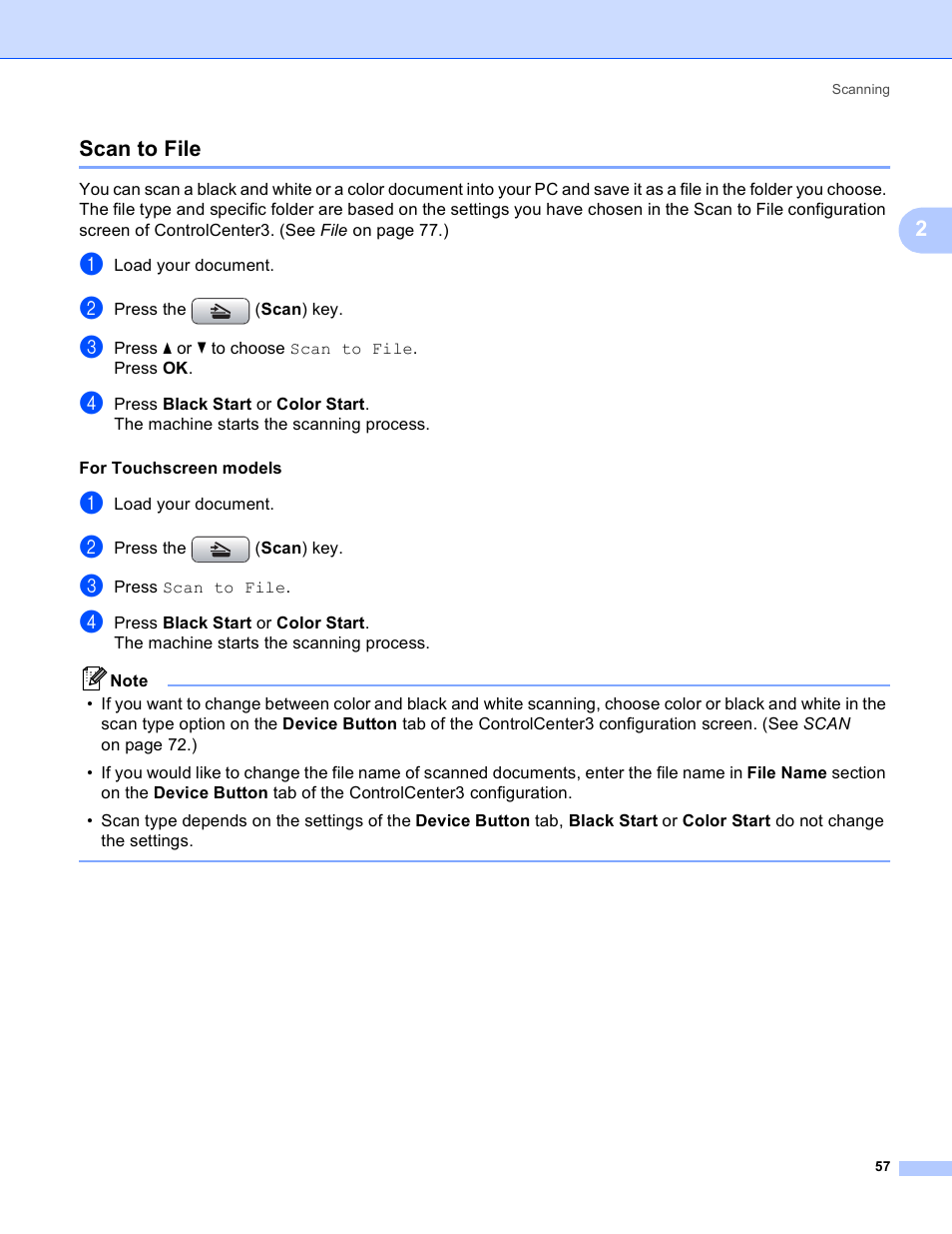 Scan to file, 2scan to file | Brother DCP-385C User Manual | Page 65 / 256