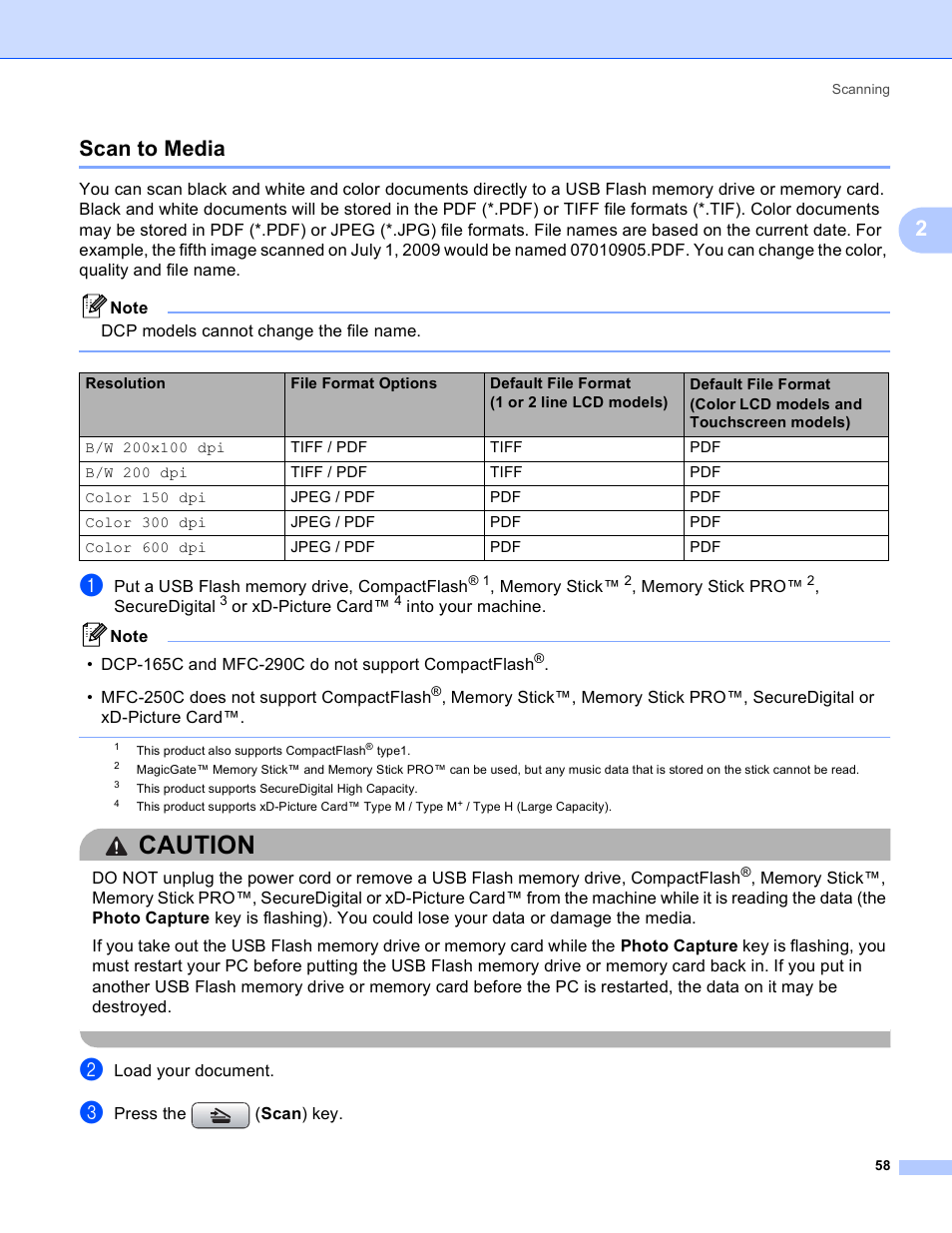 Scan to media, Caution, 2scan to media | Brother DCP-385C User Manual | Page 66 / 256