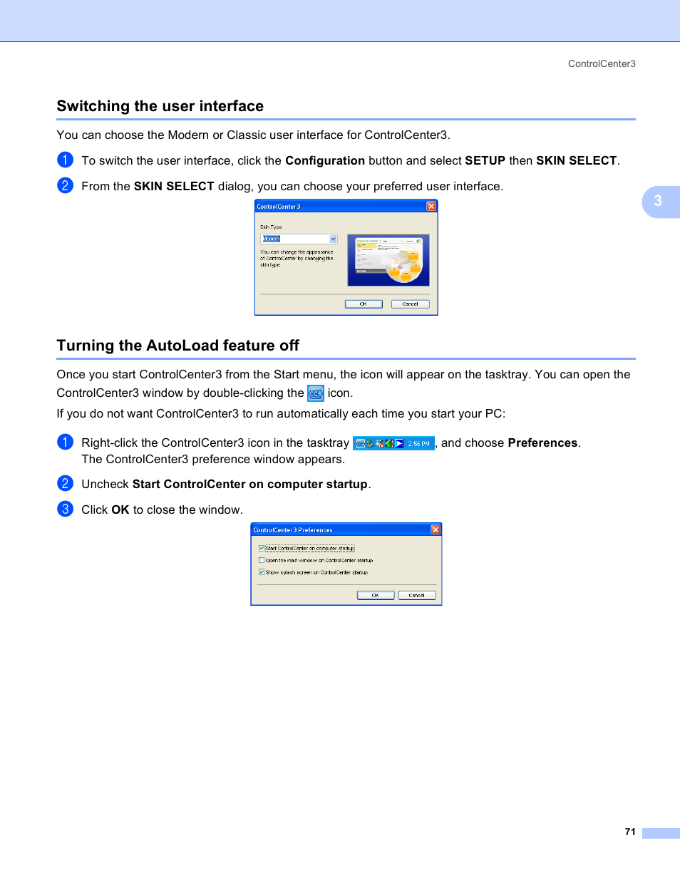 Switching the user interface, Turning the autoload feature off, 3switching the user interface | Brother DCP-385C User Manual | Page 79 / 256