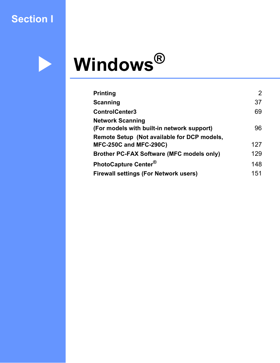 Windows, Section i windows | Brother DCP-385C User Manual | Page 9 / 256