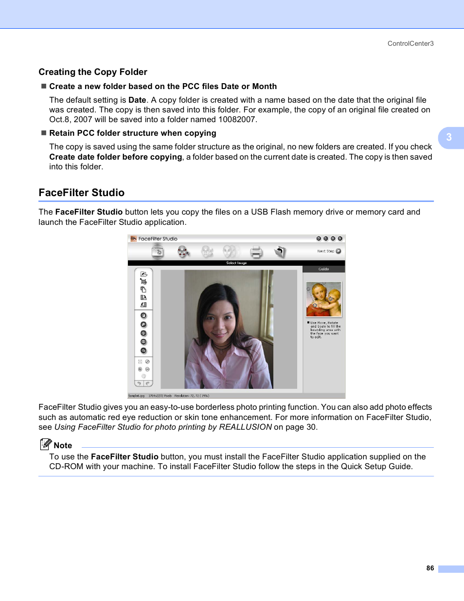 Creating the copy folder, Facefilter studio | Brother DCP-385C User Manual | Page 94 / 256