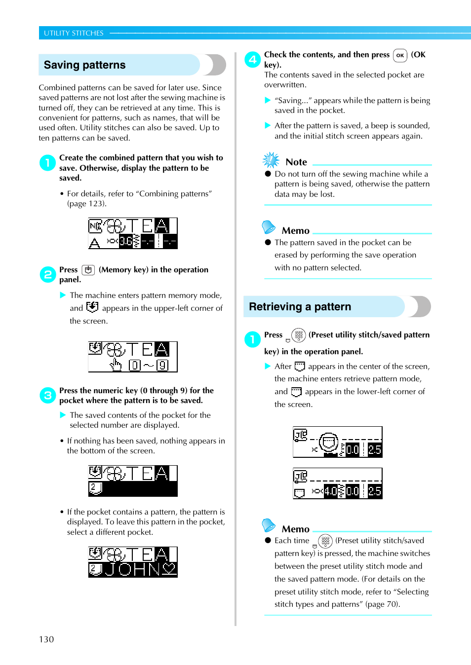 Saving patterns, Retrieving a pattern | Brother NX-800 User Manual | Page 132 / 176