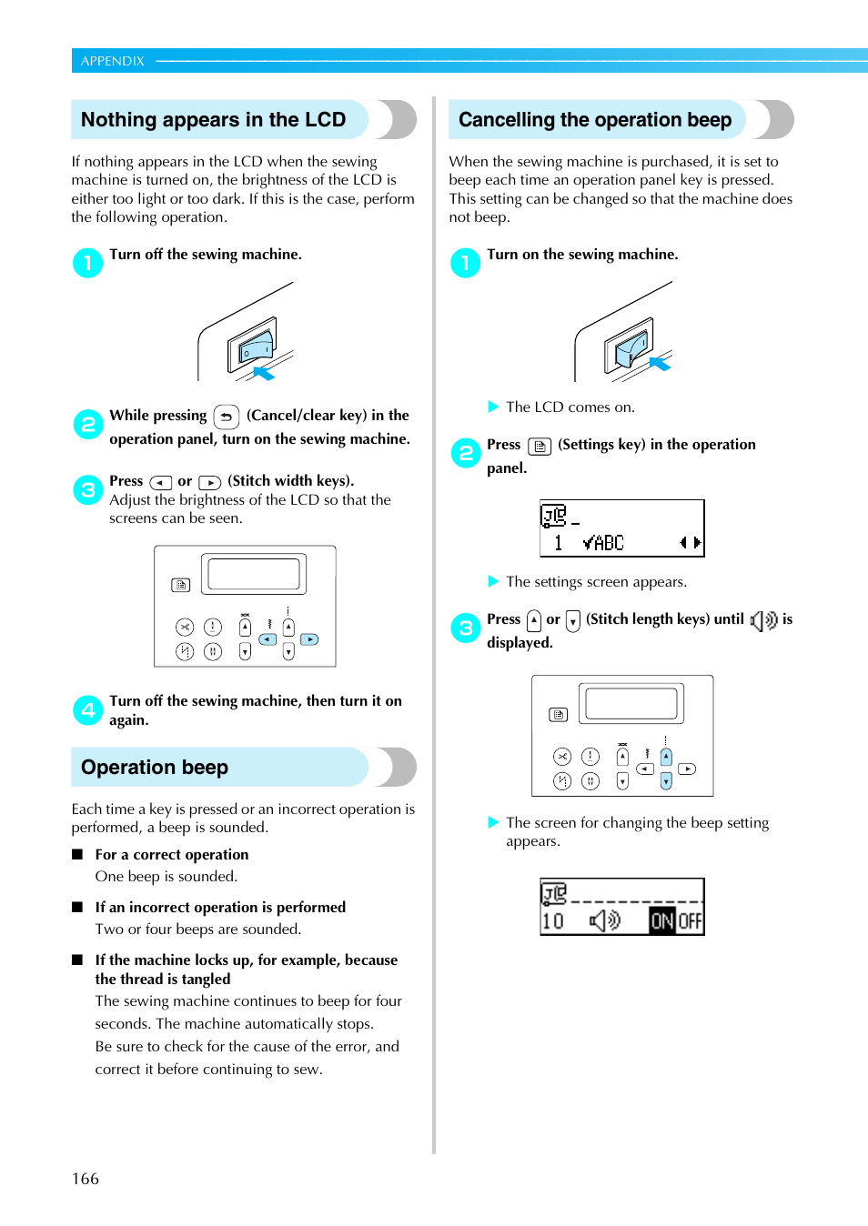 Nothing appears in the lcd, Operation beep, Cancelling the operation beep | Brother NX-800 User Manual | Page 168 / 176