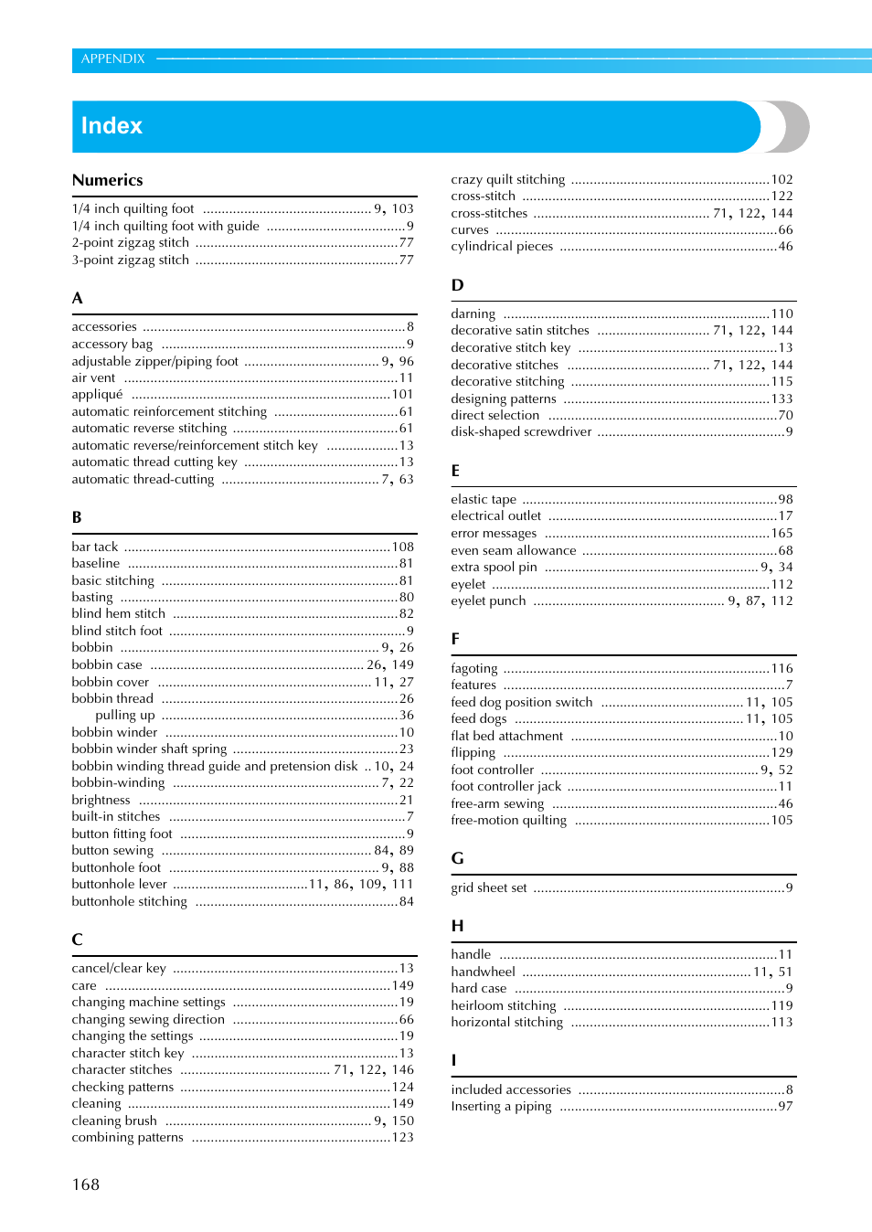 Index | Brother NX-800 User Manual | Page 170 / 176