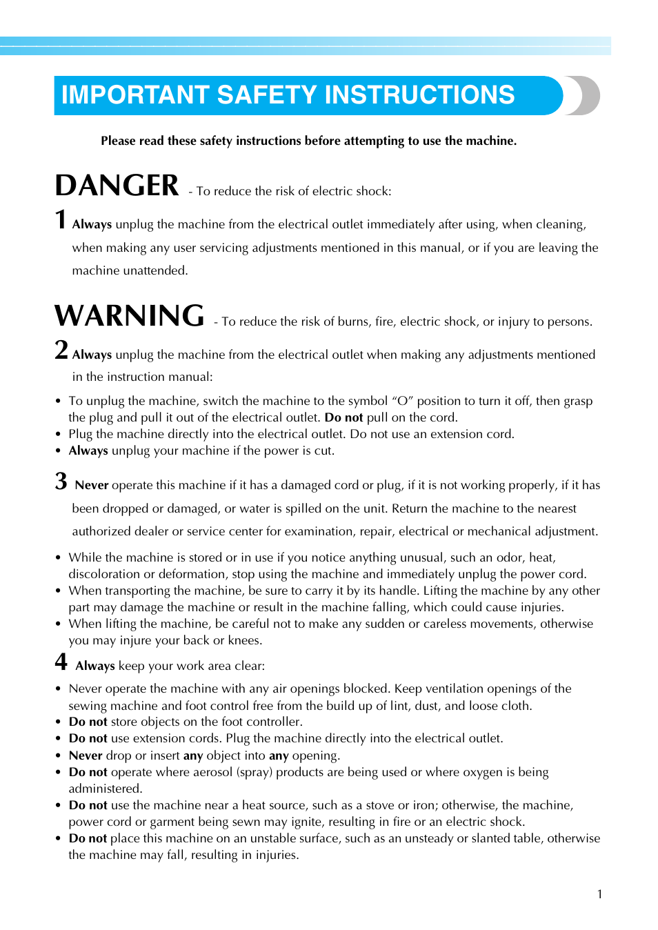Danger, Warning, Important safety instructions | Brother NX-800 User Manual | Page 3 / 176