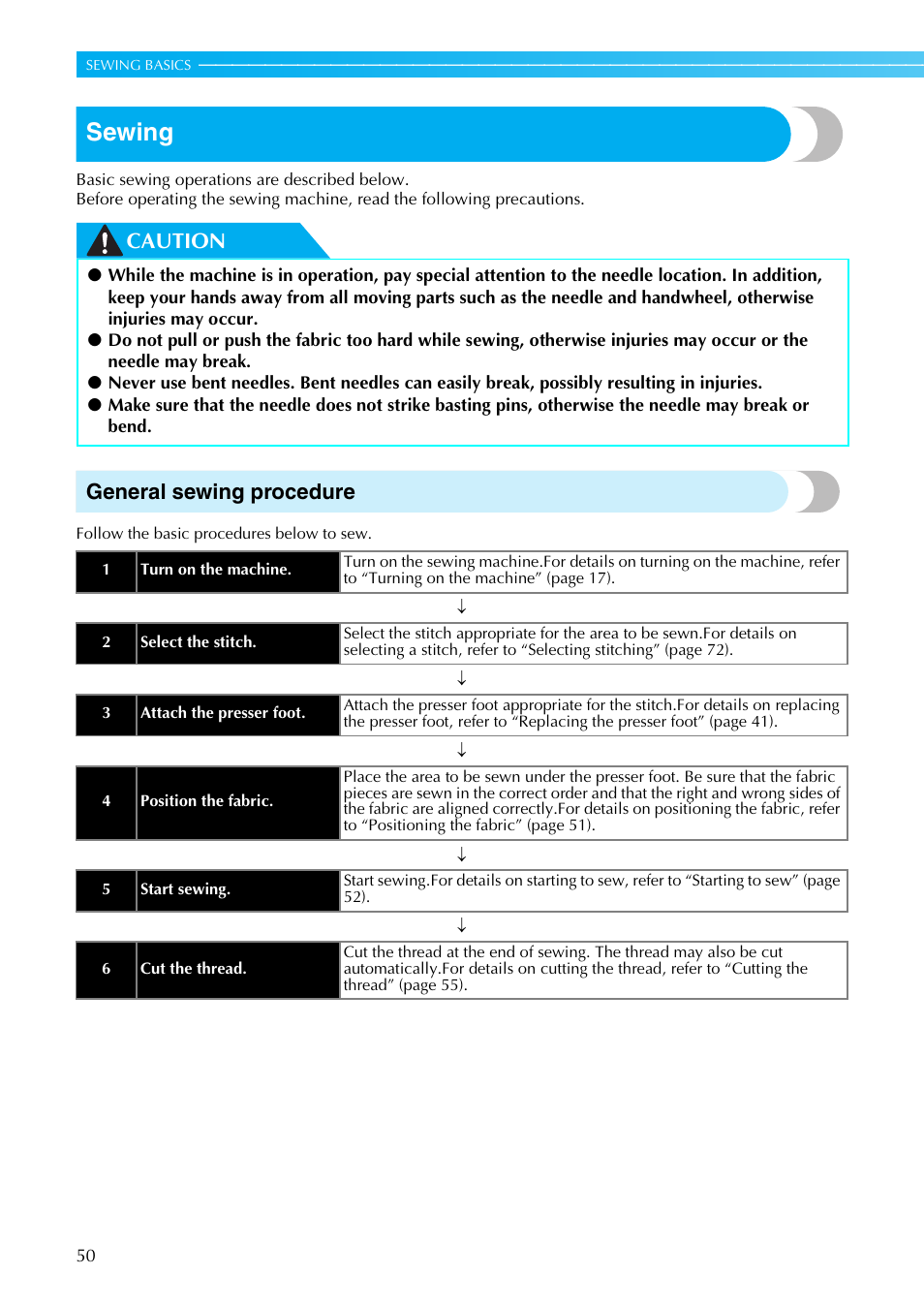 Sewing, Caution general sewing procedure | Brother NX-800 User Manual | Page 52 / 176