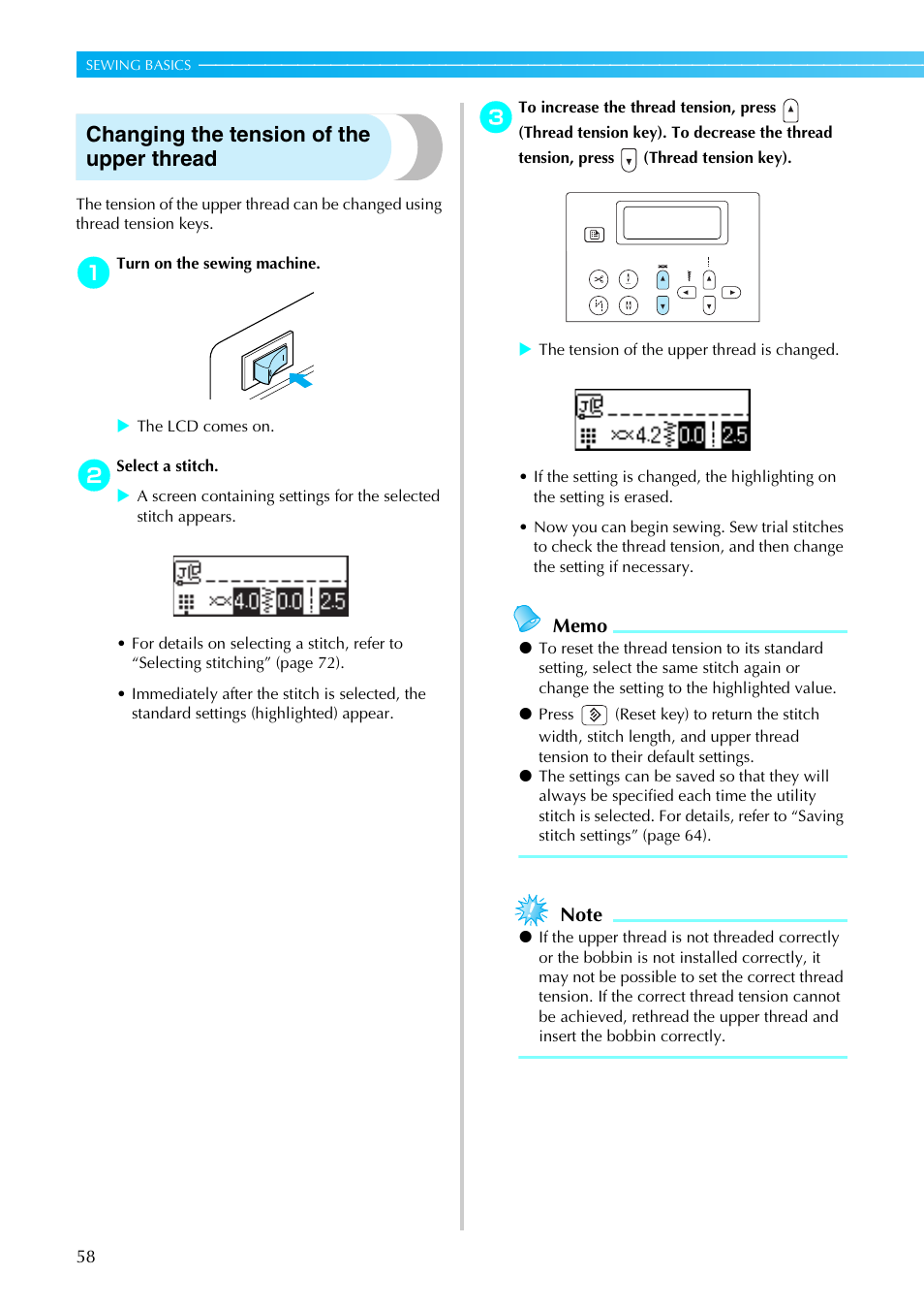 Changing the tension of the upper thread | Brother NX-800 User Manual | Page 60 / 176