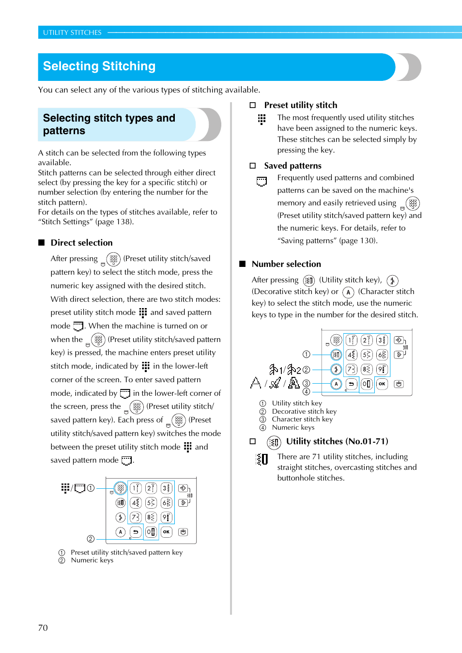 Selecting stitching, Selecting stitch types and patterns | Brother NX-800 User Manual | Page 72 / 176