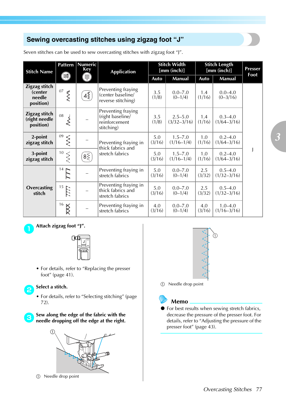 Sewing overcasting stitches using zigzag foot “j | Brother NX-800 User Manual | Page 79 / 176