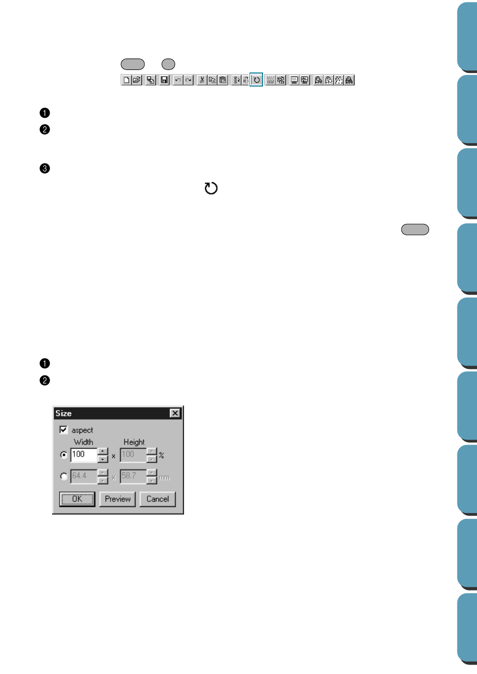 Rotate, Numerical setting-size, Rotate • numerical setting-size | Brother PE-DESIGN Ver.432 User Manual | Page 100 / 252