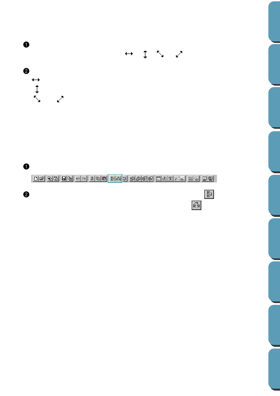 Scaling patterns, Flipping a pattern horizontally or vertically, Scaling patterns 1 | Flipping a pattern horizontally or vertically 1 | Brother PE-DESIGN Ver.432 User Manual | Page 130 / 252