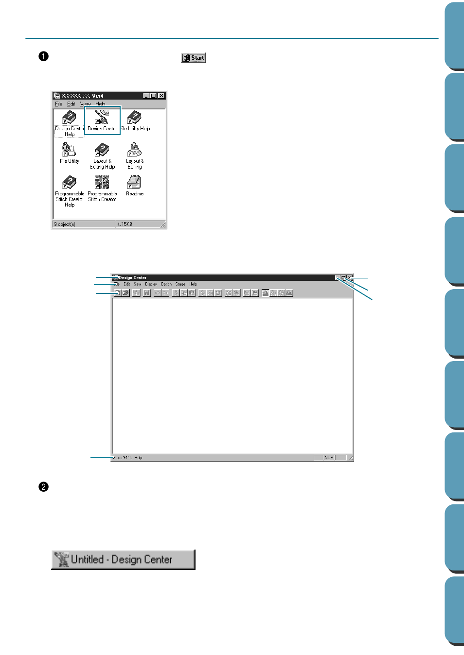 Step 1 starting design center, Starting design center, Step 1 | Brother PE-DESIGN Ver.432 User Manual | Page 22 / 252