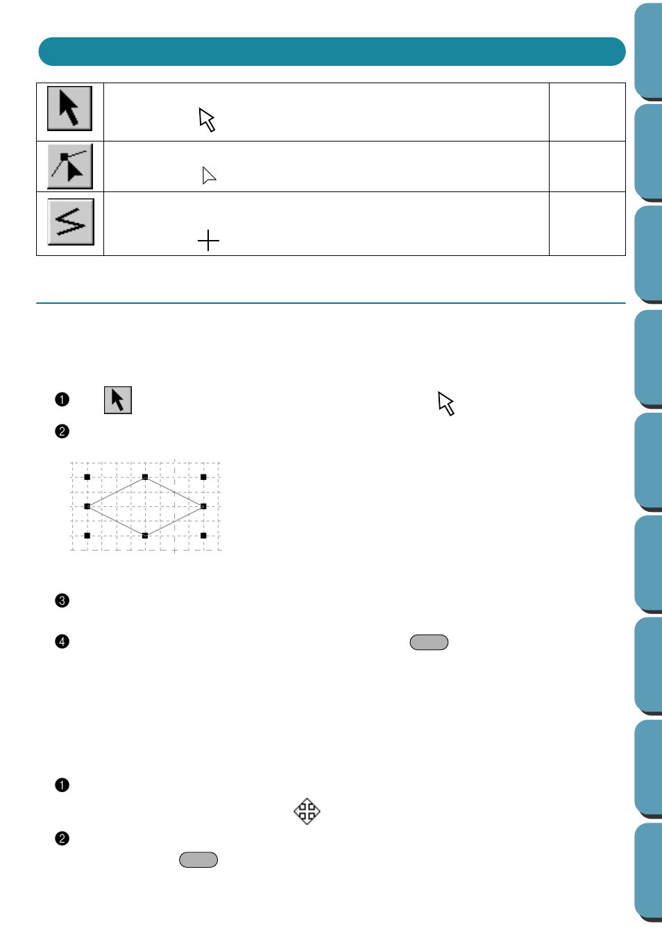 Using the tool box, Selection mode, Selecting lines | Moving lines, Selecting lines • moving lines, Selecting lines 1, Moving lines 1 | Brother PE-DESIGN Ver.432 User Manual | Page 222 / 252