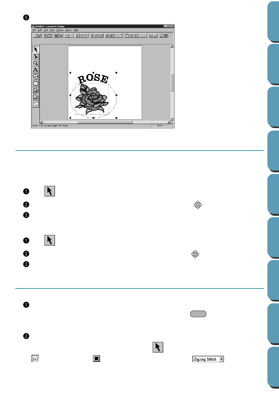 Step 9 moving the oval and text, To move both patterns as a group, To move the text over the oval | Step 10 adding a circle for drawing the sun, Moving the oval and text, Adding a circle for drawing the sun, Step 9, Step 10 | Brother PE-DESIGN Ver.432 User Manual | Page 46 / 252