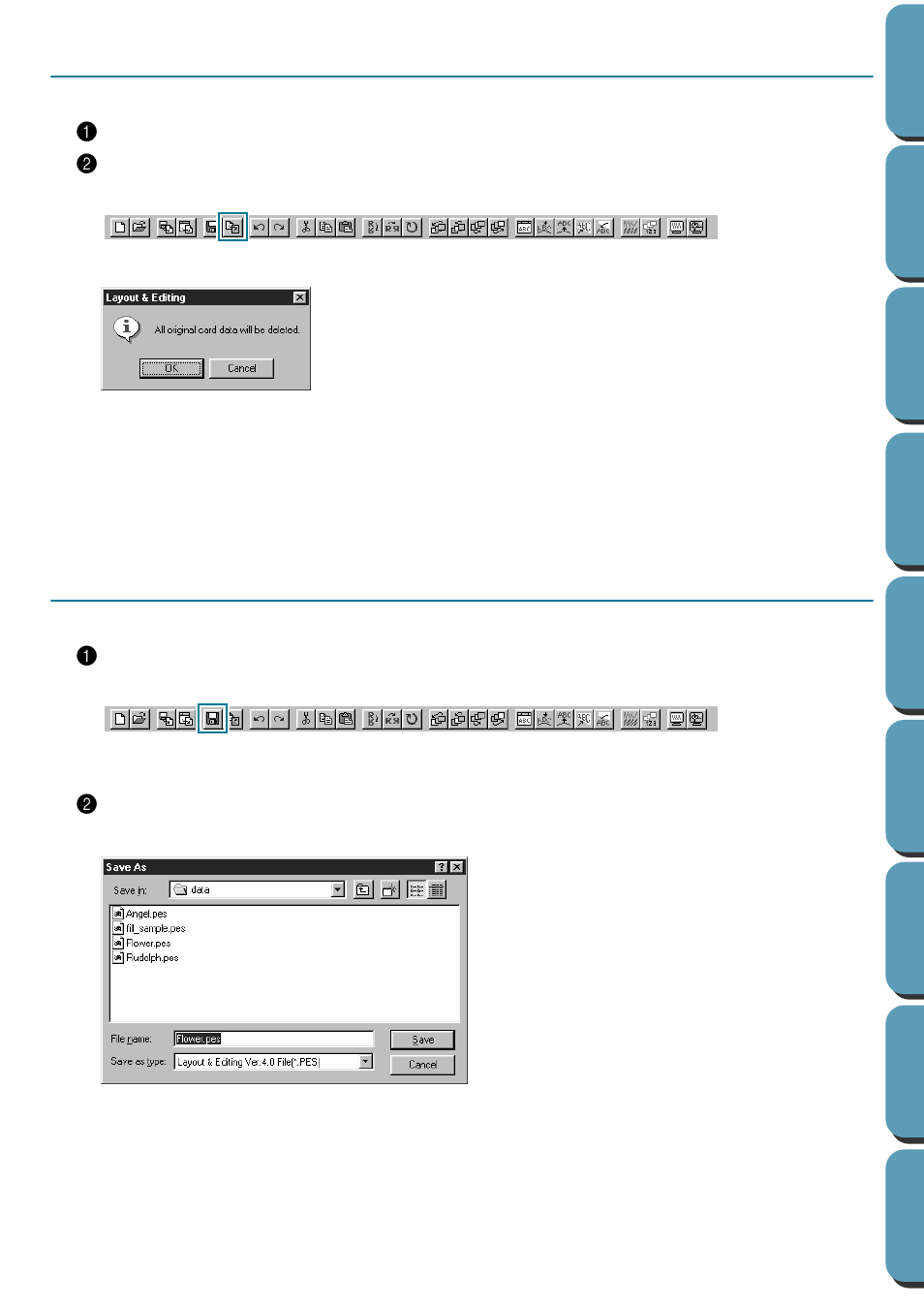 Step 17 transferring the data to a card, Step 18 saving the file, Transferring the data to a card saving the file | Step 17, Step 18, Transferring the data to a card, Saving the file | Brother PE-DESIGN Ver.432 User Manual | Page 54 / 252