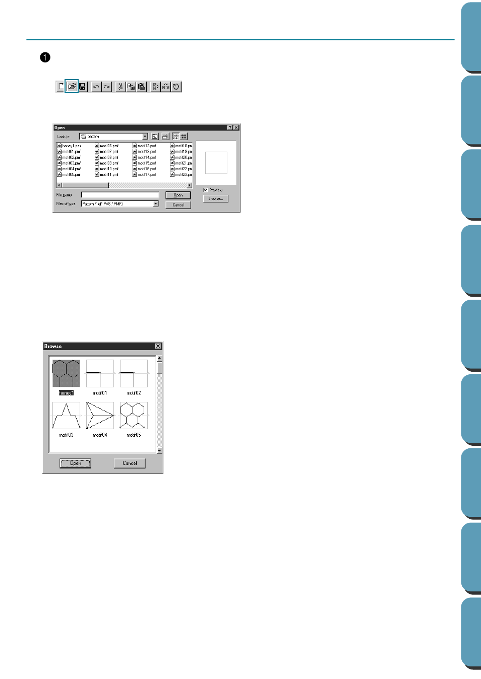 Step 2 opening a programmable stitch file, Opening a programmable stitch file, Step 2 | Brother PE-DESIGN Ver.432 User Manual | Page 58 / 252