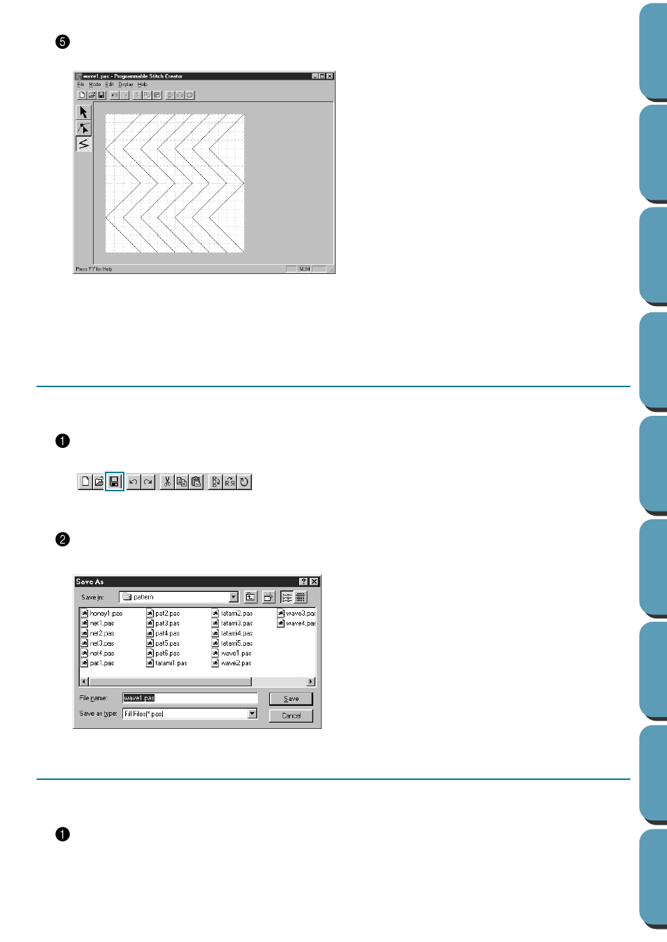 Step 4 saving the edited programmable stitch, Step 5 quitting programmable stitch creator, Saving the edited programmable stitch | Quitting programmable stitch creator, Step 4, Step 5 | Brother PE-DESIGN Ver.432 User Manual | Page 60 / 252