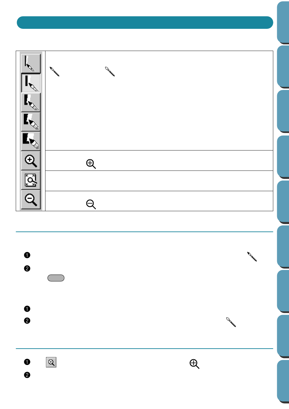 Using the stage 2 tool box, Drawing and erasing, Drawing | Erasing, Zoom-in mode, Drawing • erasing, See “zoom-in mode, Drawing 1, Erasing 1 | Brother PE-DESIGN Ver.432 User Manual | Page 69 / 252