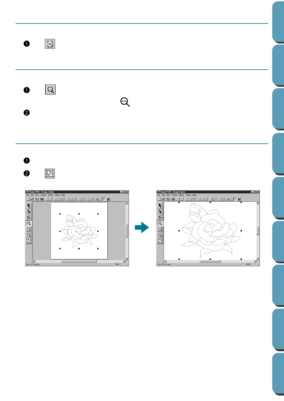 Zoom-out mode, Enlarging selected outlines to the screen size, Fit design page to window | Brother PE-DESIGN Ver.432 User Manual | Page 76 / 252