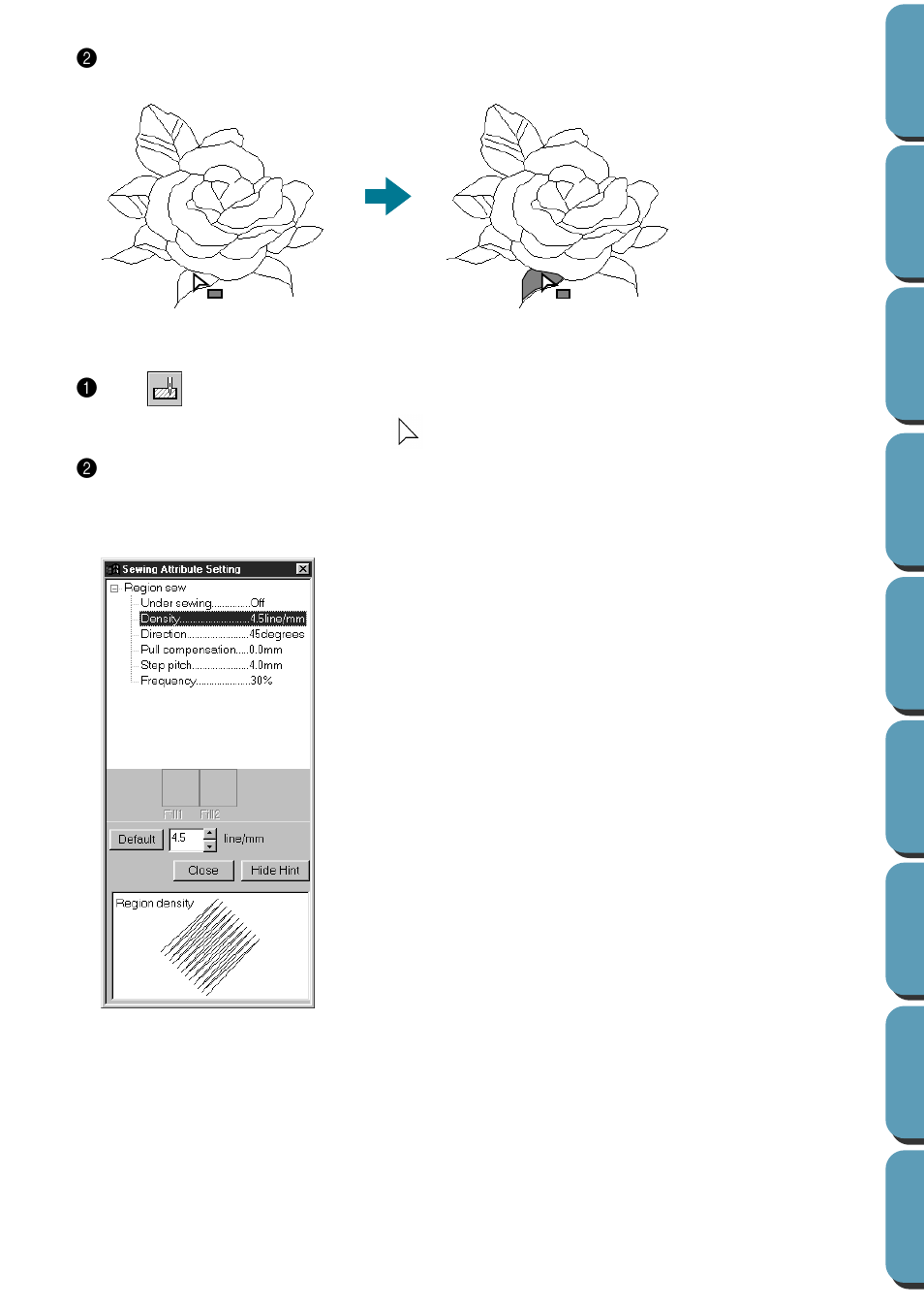 Checking the sewing attributes of a region, Checking the sewing attributes of a region 1 | Brother PE-DESIGN Ver.432 User Manual | Page 78 / 252