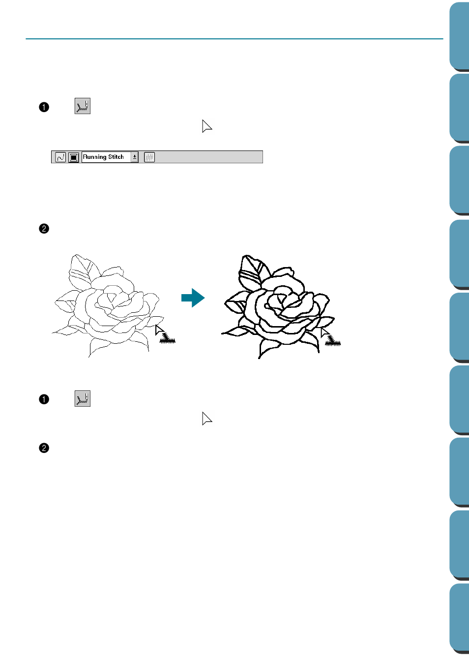Line (all) setting mode, Applying the sewing attributes to an outline, Checking the sewing attributes of an outline | Applying the sewing attributes to an outline 1, Checking the sewing attributes of an outline 1 | Brother PE-DESIGN Ver.432 User Manual | Page 79 / 252