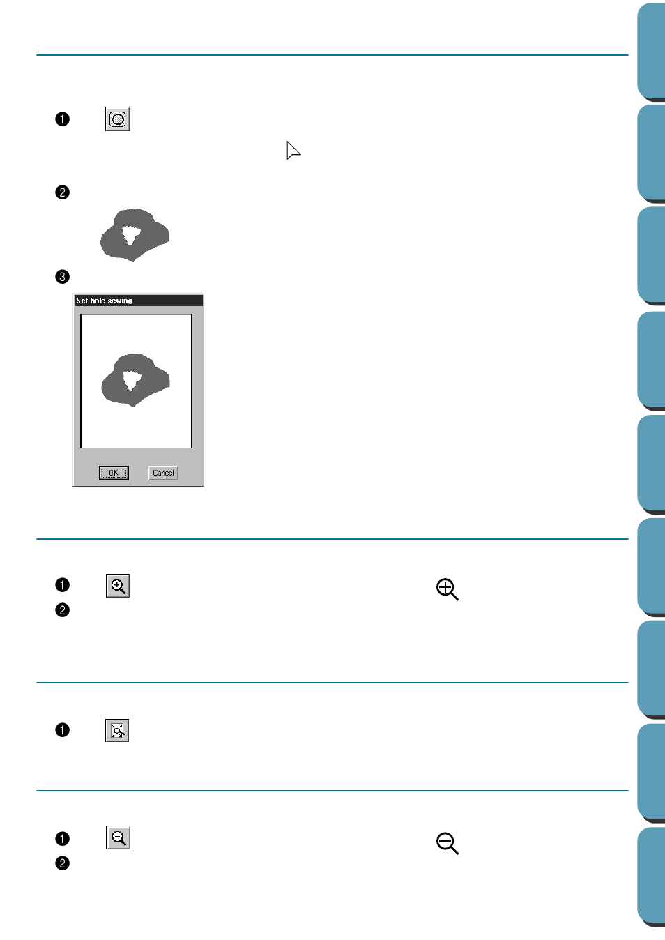 Hole sewing mode, Zoom-in mode, Zoom-out mode | Fit design page to window | Brother PE-DESIGN Ver.432 User Manual | Page 82 / 252